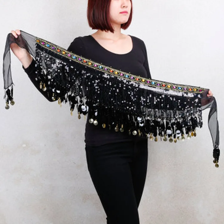 Women Belt Belly Dance Sequin Tassel Hip Scarf Costume Accessories Dancing Skirt Decoration Waist Scarf Multicolor