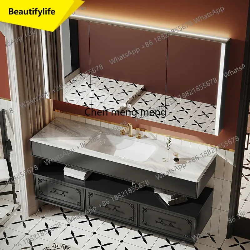 

6239 French retro bathroom cabinet combination oak smart washbasin wash basin mirror cabinet integrated basin