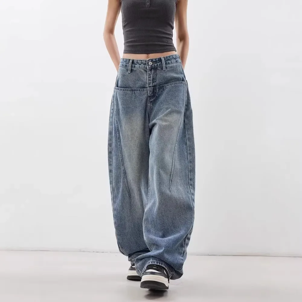 American High Street Fashion Women's Loose Plus Size Daily Simple Casual Trendy Wide Leg Straight Denim Trousers Female Jeans
