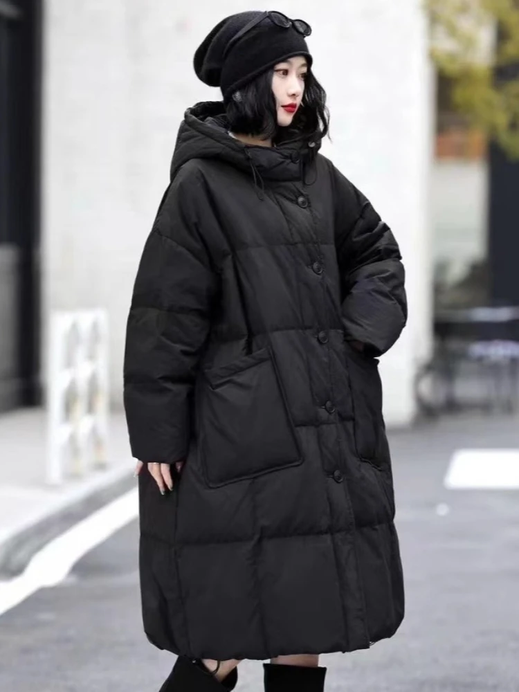 2025 nueva chaqueta de talla grande Parkas largas de moda para mujer invierno suelto grueso cálido 90% plumón de pato blanco prendas de vestir exteriores