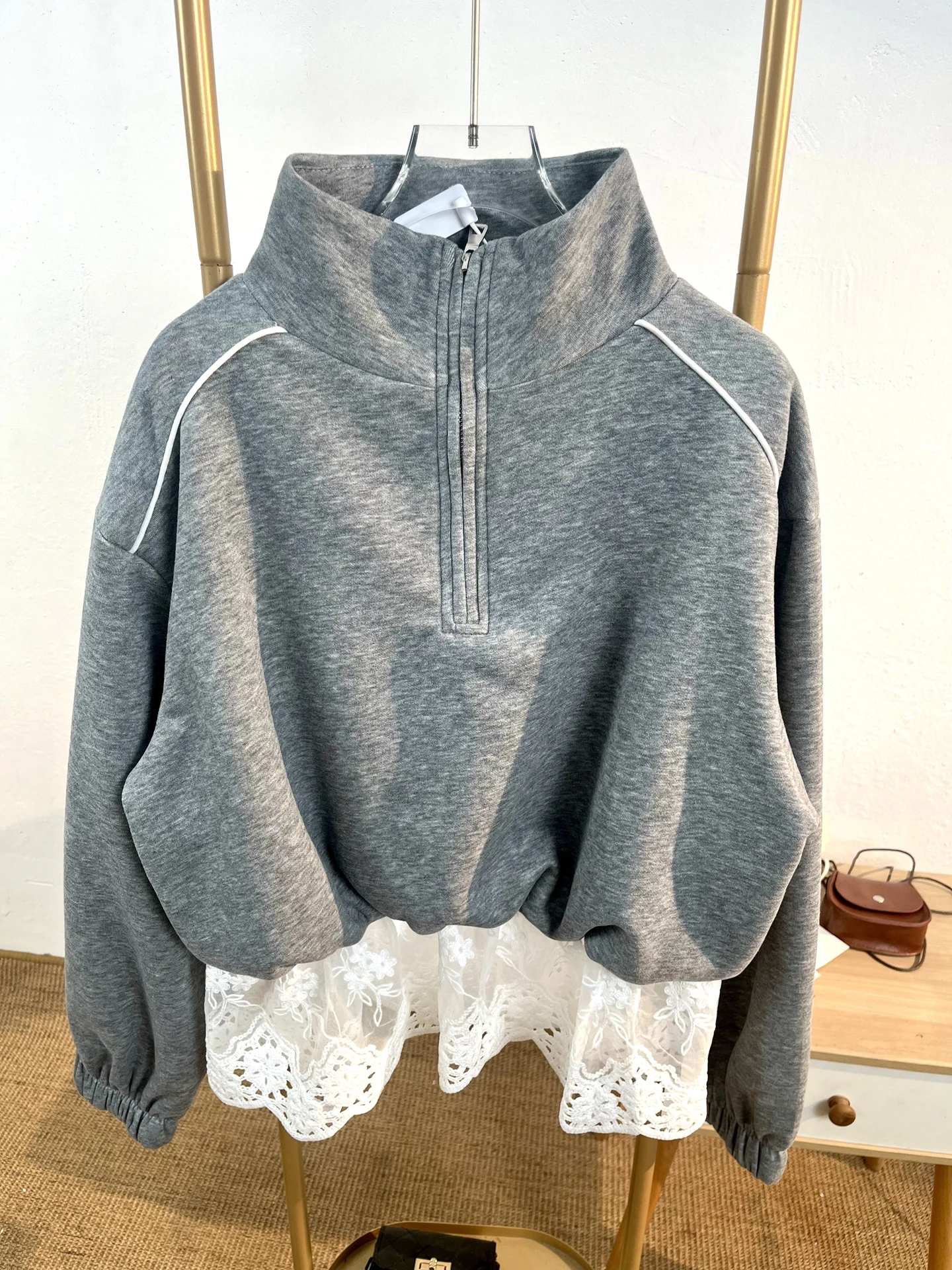 

Sli Stand Collar Hoodie Women Spring Autumn Thin Lace Splice Long Sve Jaet Top f Zipper Casual Loose Fit