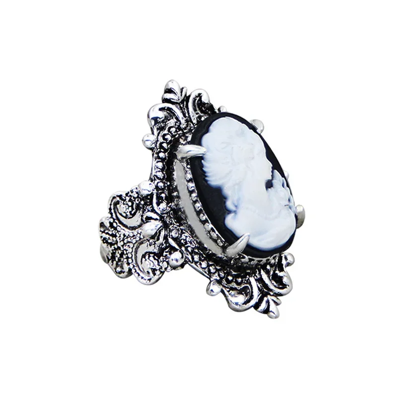 Vintage 6 Colors Lady Queen Cameo Rings For Women Antique Silver Plated Flower Plant Pink Cameo Ring Fashion Jewelry