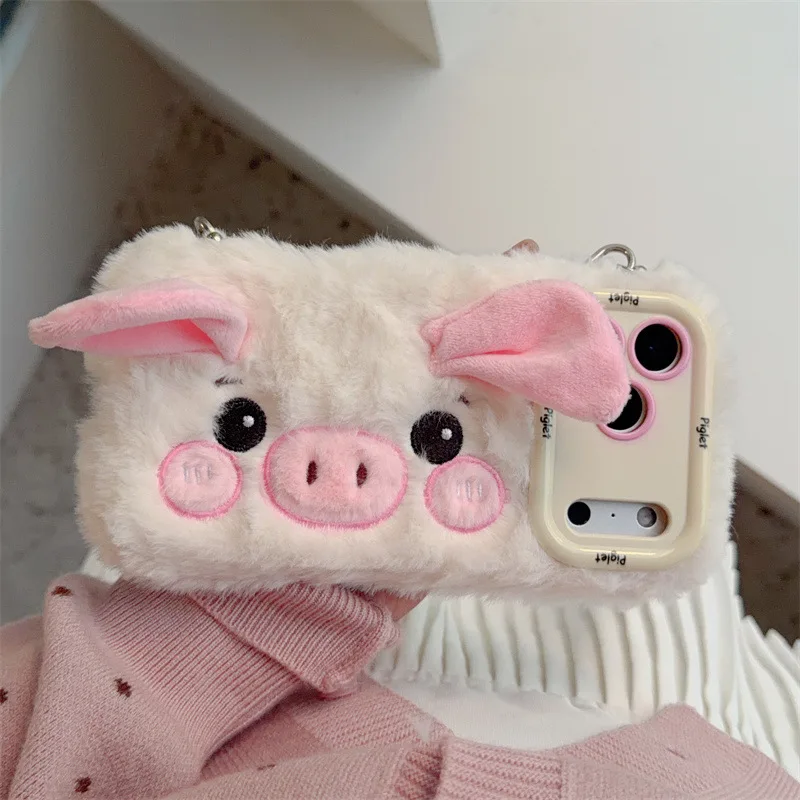 Niedliche 3D-Cartoon-Schwein-Plüsch-Handyhülle mit Umhängeband für iPhone 17, Air 16, 15, 14, 13, 12, 11 Pro Max Plus, Objektivhalterung, stoßfeste Abdeckung