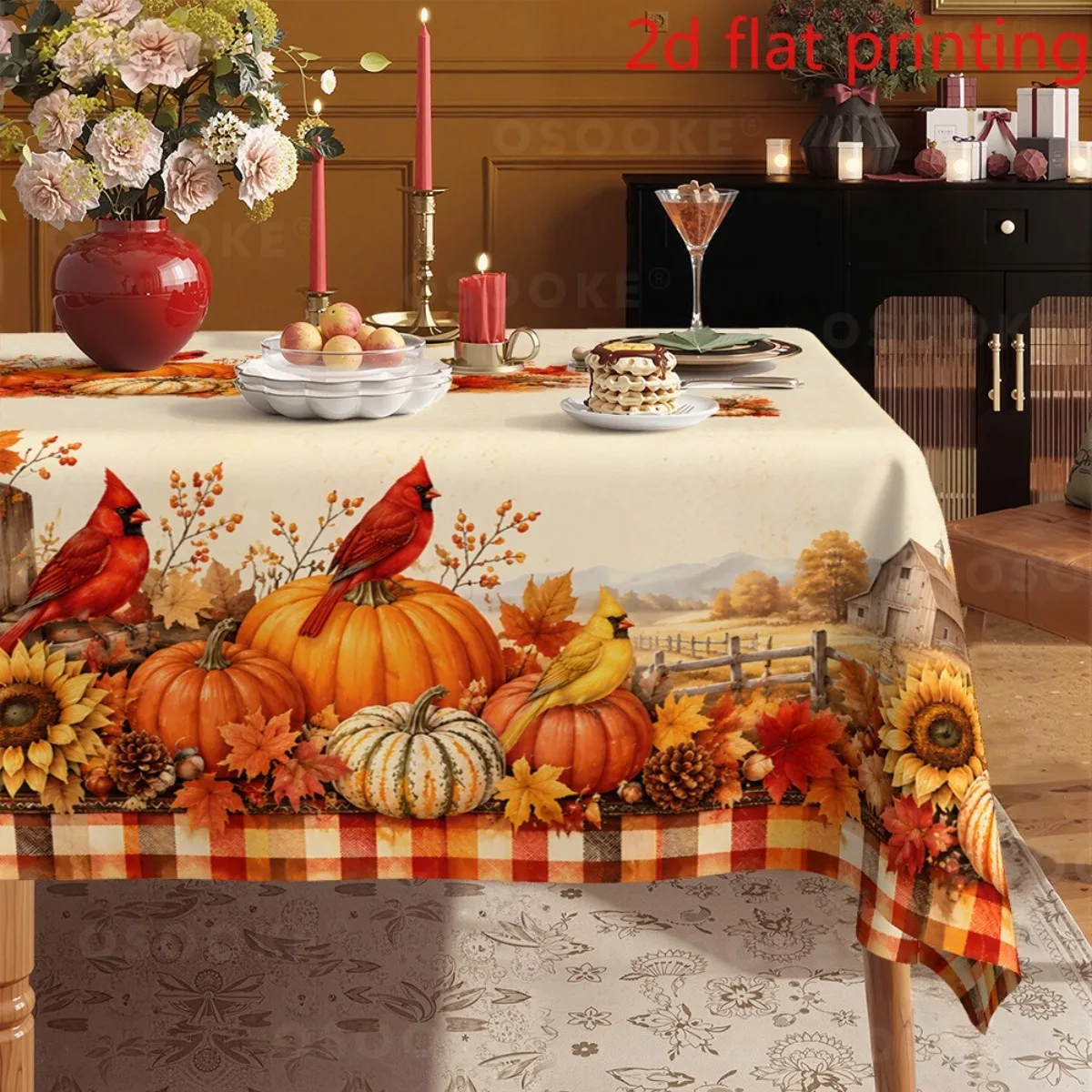 Tablecloth 1 piece 2d flat with autumn pumpkin red, bird maple leaf, sunflower red check patternzyc