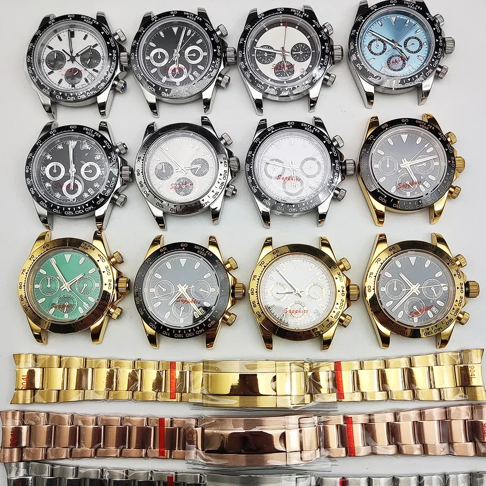 40mm Daytna Assembly Accessories Sapphire Case VK63 Quartz Watch Case Three-eye Stainless Steel Color Diamond Panda Watch Case