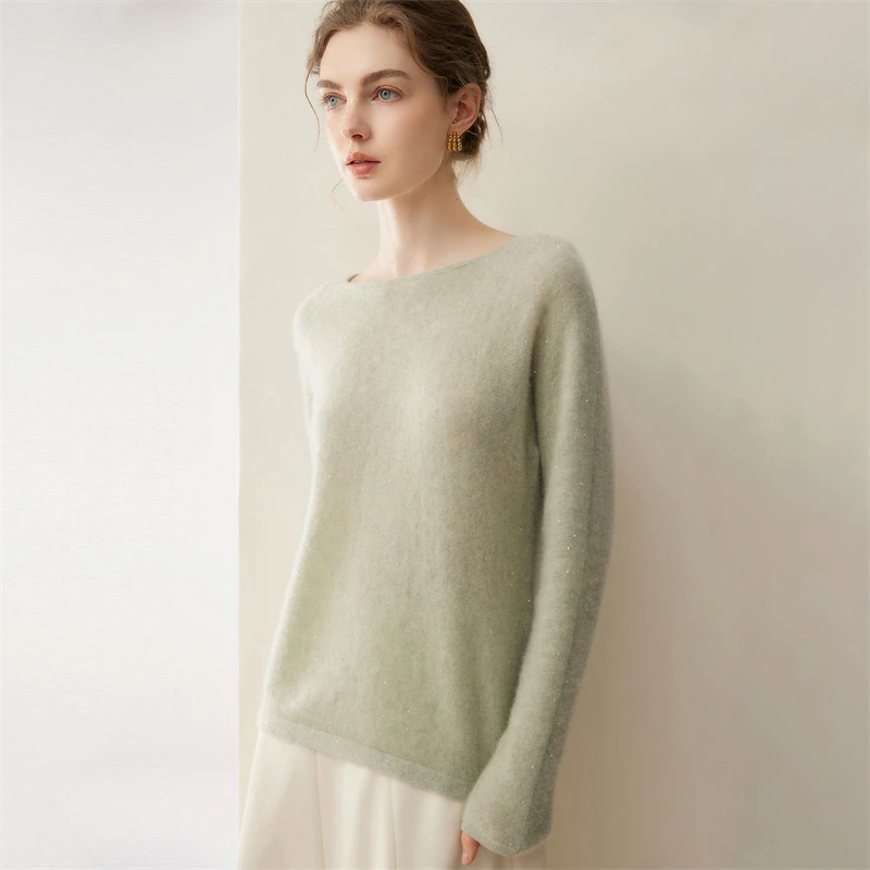 Women's Cashmere Blend Knitwear Low round Neck Glitter Loose Slimming Soft Stylish Base Layer Sweater for Layering