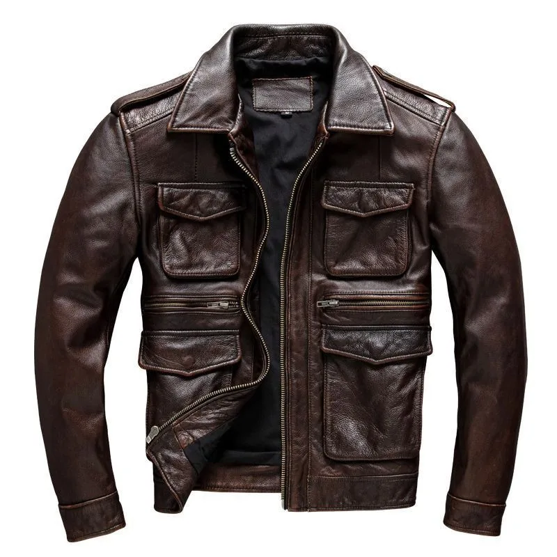 Autumn Winter New Men's Motorcycle Riding Utility Leather Jacket American Retro Style Slim-Fit Lapel Short Fashion Jacket