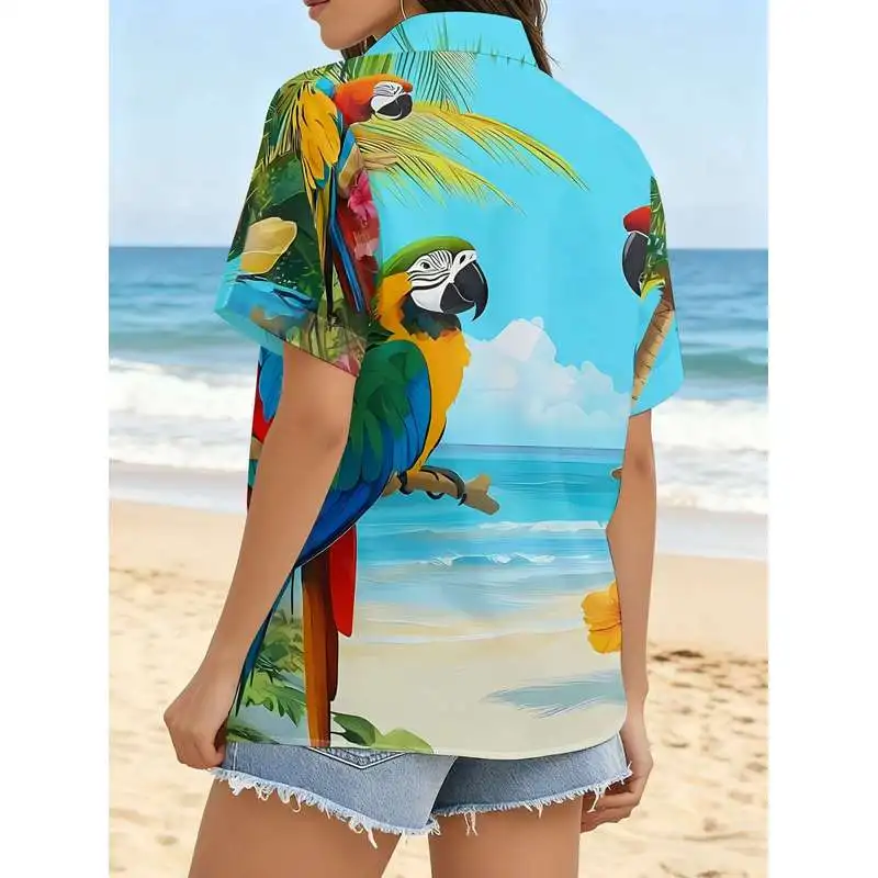 Women's Casual Short Sleeve Button Shirt Tropical Beach Parrot Coconut Tree Pattern Colorful Stylish Top Machine Washable