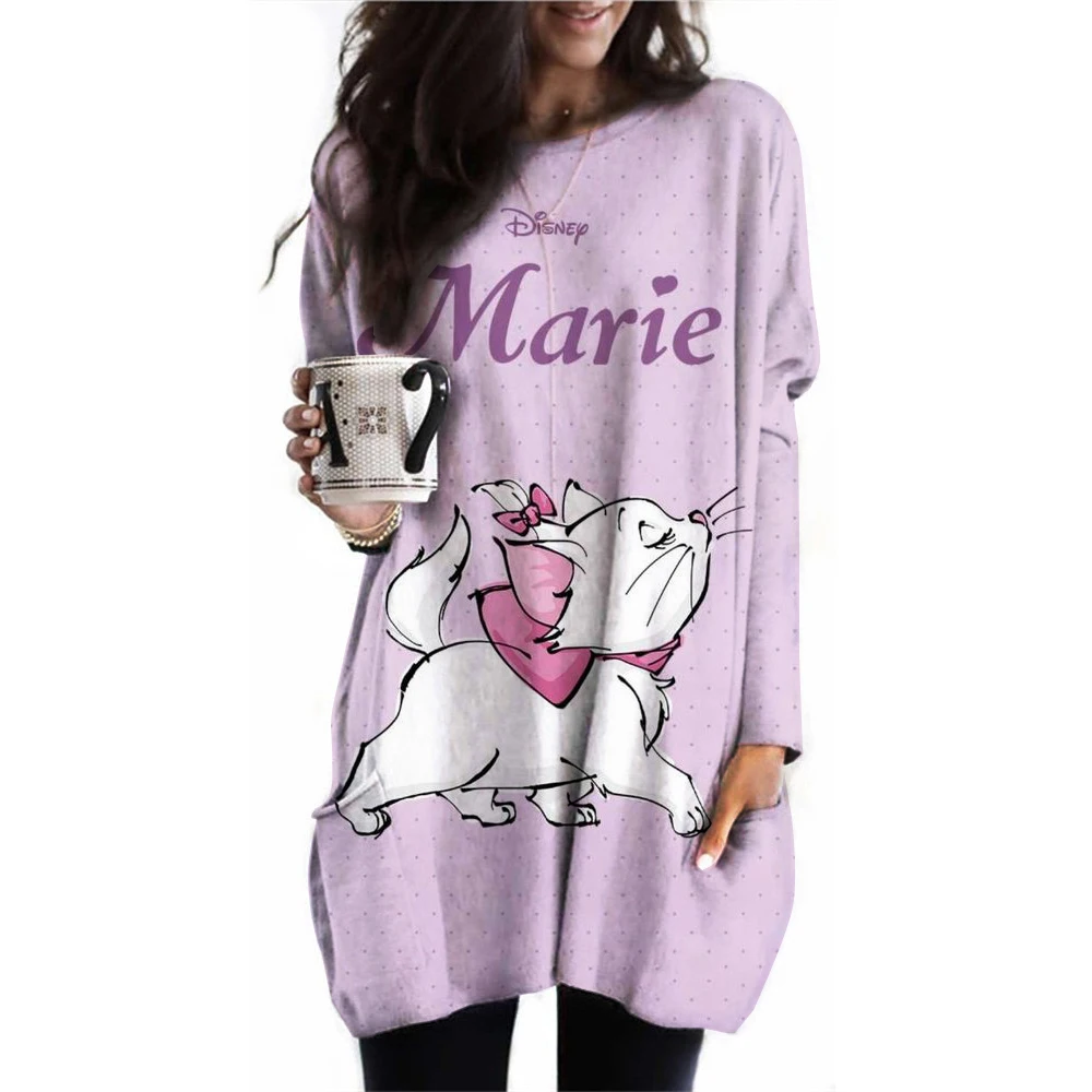 Women's New American Disney Mary Cat Printed Round Neck Long Sleeve Splicing Casual Pocket T-shirt Top Women's T-shirt Clothing