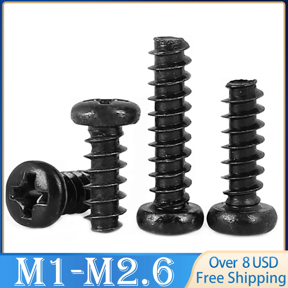 500/ 200/ 100pcs  M1 M1.2 M1.4 M1.5 M1.6 M1.7 M2 M2.3 M2.6 PB Pan Head Black Electronic Micro Screws Phillips Self-tapping Screw