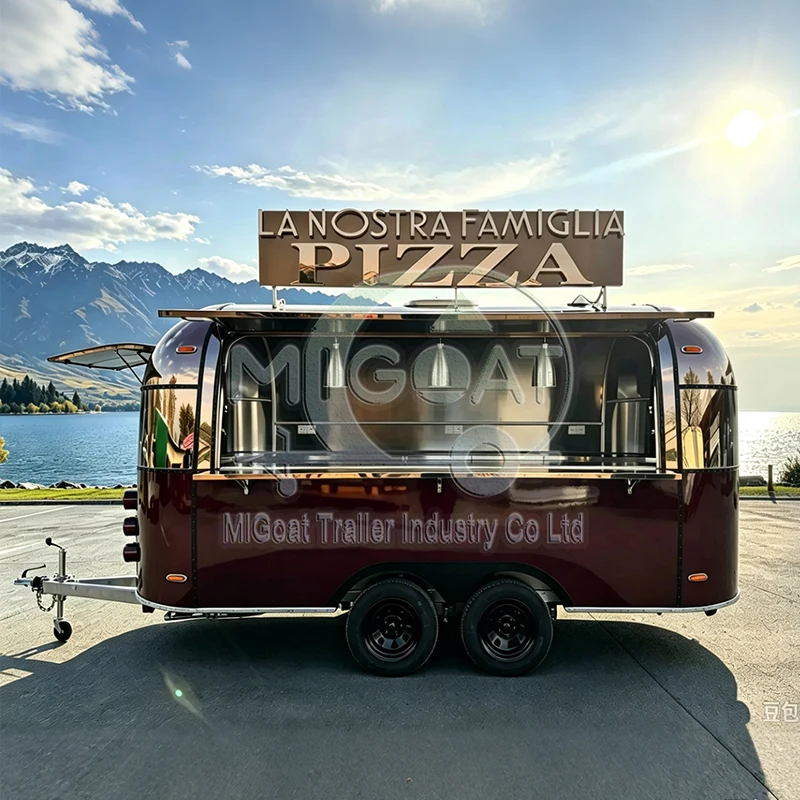Burgundy Tandem Axle Pizza Food Trailer with Custom Pizza Sign Board and Wide Serving Window for Street Food Vending