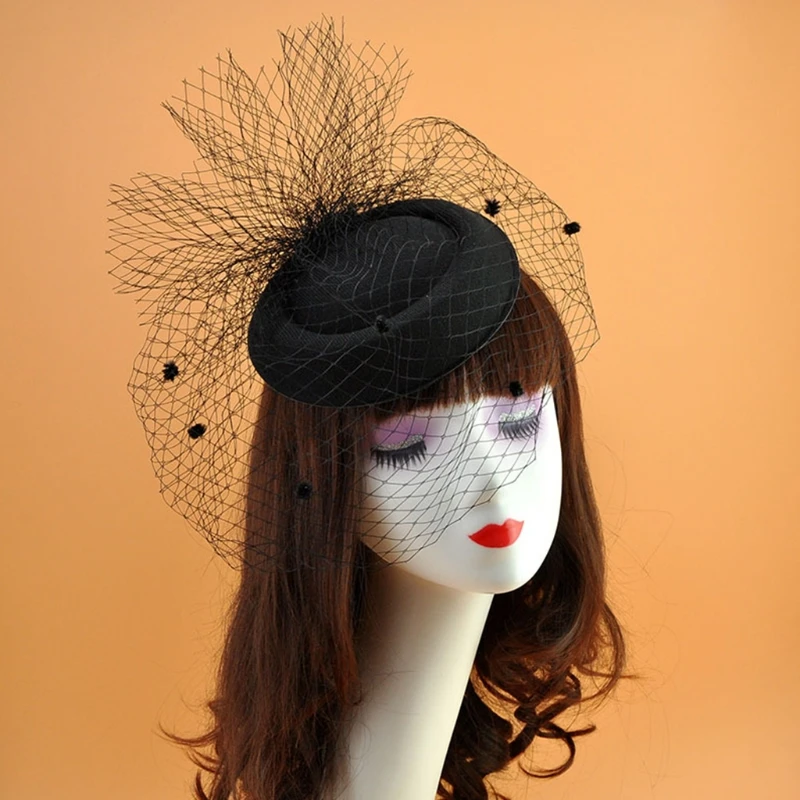 652F Fascinator Hats for Women Pillbox Cap with Plush Polka Dot Mesh Veil and Hair Clip Cocktail Tea Party Headwear Headdress