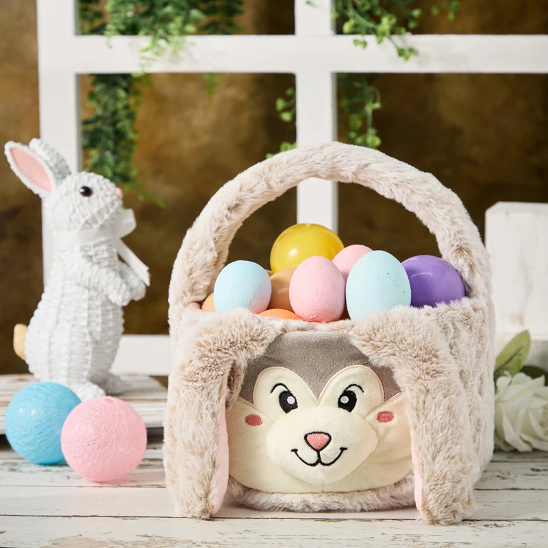 Easter Bunny Basket Cute Plush Rabbit Bucket Tote with Fuzzy Tail for Home Party School