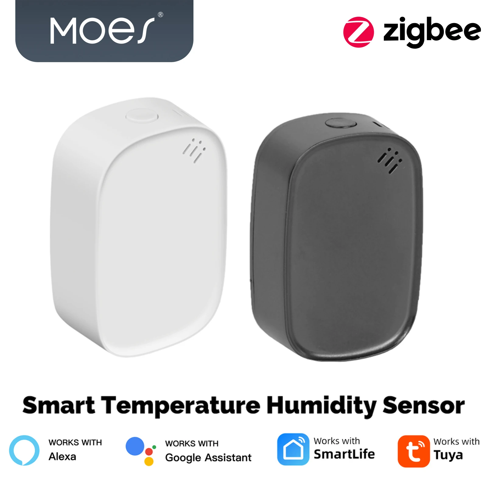 

MOES Tuya Zigbee умный датчик температуры и влажности с питанием от батареи Крытый гигрометр Мониторинг через приложение работает с Alexa Google Home