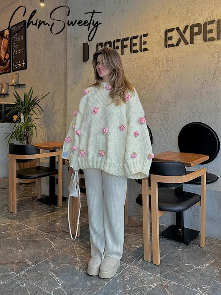 

Элегантный вязаный свитер с цветочным принтом, женский свободный свитер с длинными расклешенными рукавами и круглым вырезом, женский весенний кардиган 2025 года, новинка для женщин