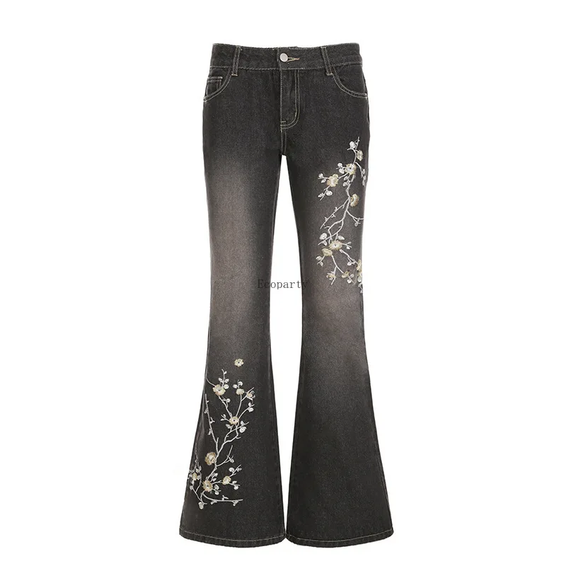 Floral Embroidery Jeans Vintage Low Rise Flared Jeans Women Retro Y2k Baggy Denim Pants High Street Basic Trousers Mujer Clothes