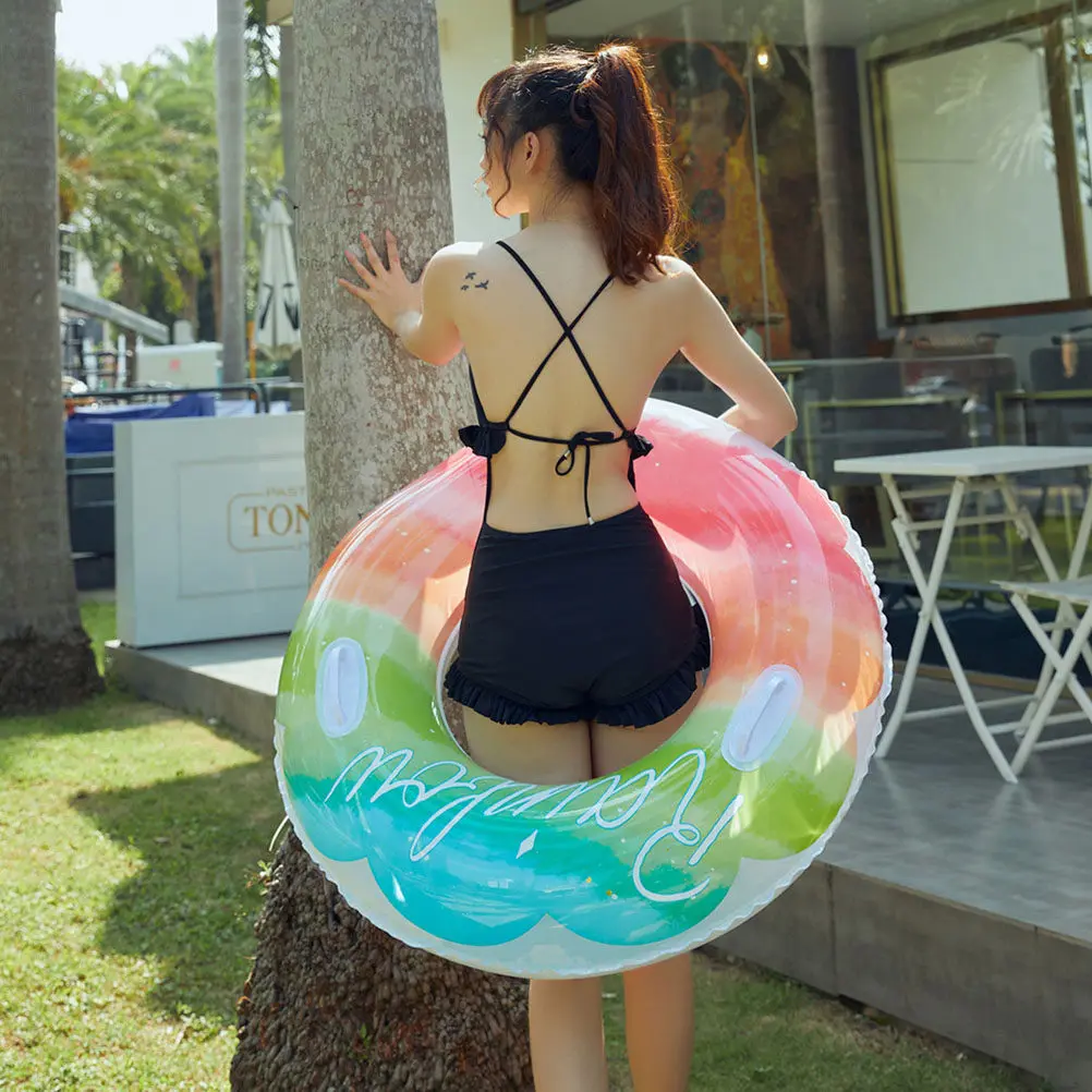 

2Pcs Rainbow Pattern Inflatable Swimming Ring Thickened Plastic Adult Safety Float Ring Swimming Pool Beach Lake Aid Float Seat