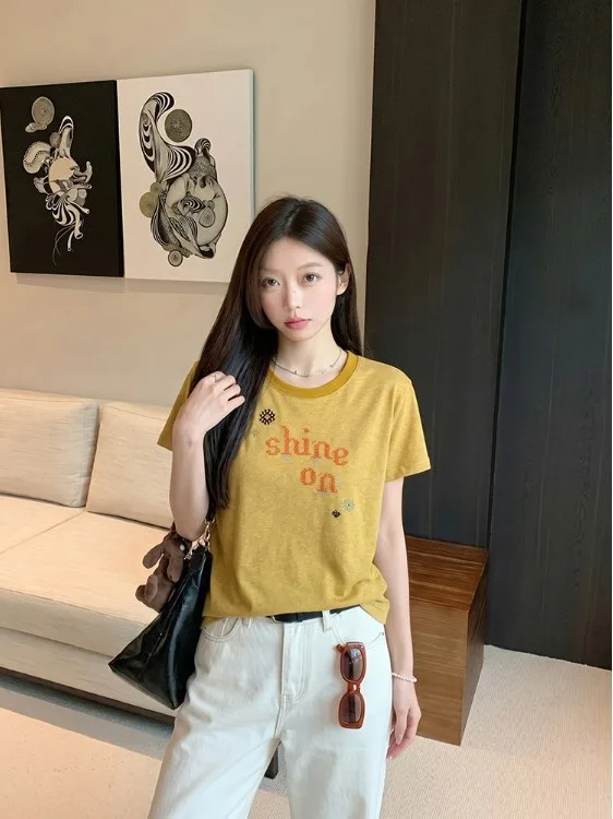 Summer New Loose Women's T-shirt Short Sleeve Shoulder Letter Print Slimming Color Block Design French Style Casual Top