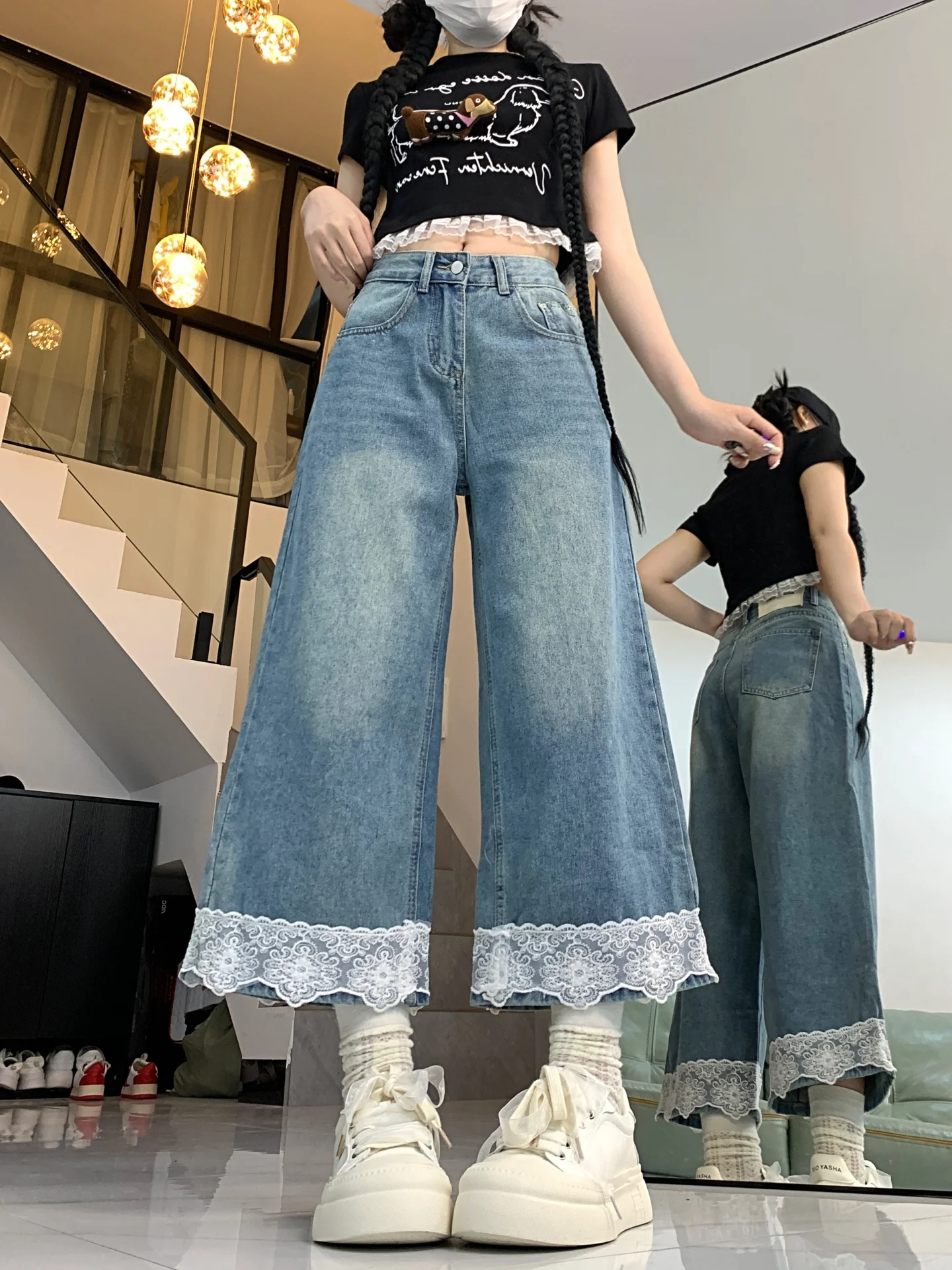 

Джинсы женские больших размеров с кружевными вставками, широкие, свободного кроя, с высокой талией, облегающие, повседневные, осенние, новинка