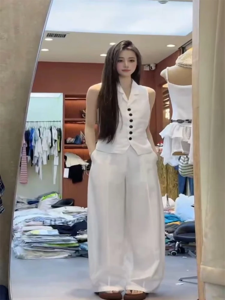 

Korean style casual women's summer high-end great looking suit vest and stunning wide leg long pants two piece set