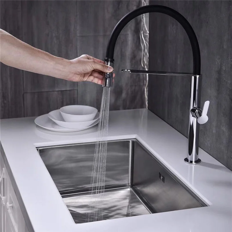 Brass Kitchen Faucet Pull Out Sprayer Dual Spout Single Handle Hot Cold Water Mixer Tap Sink Faucet 360 Rotation Kitchen Faucet