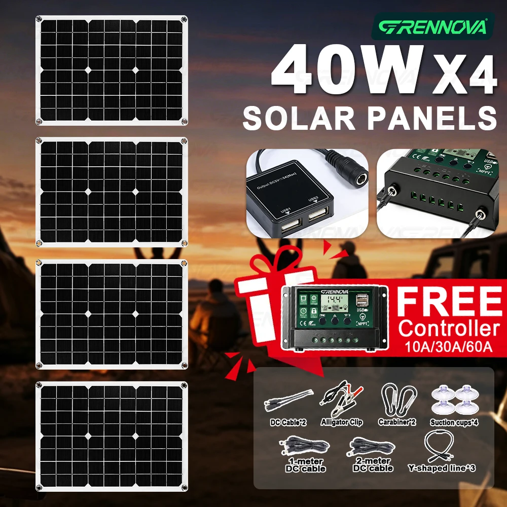 Stable Output GRENNOVA 40W Solar Panel 1-4PCS ( Free 60A Controller Dual USB DC) User-friendly Outdoor Charging Kit Travel Farm