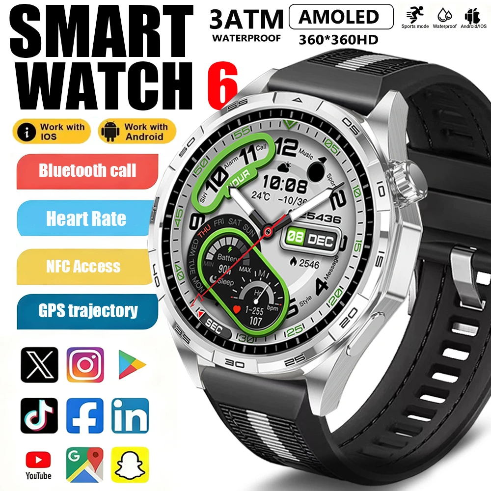 

2025 New Upgrade GT6 Pro Smart Watch Men HD AMOLED Screen GPS Motion trajectory HeartRate Bluetooth Call 1.50" SmartWatch IP68