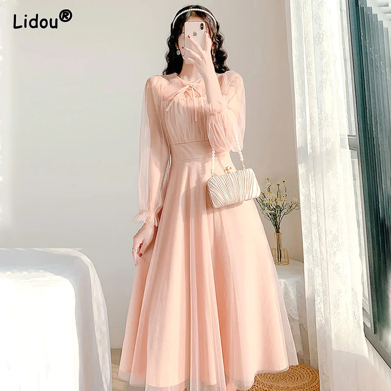 

Young Style O-neck Gauze Long Sleeved Dress Empire Solid Color Elegant Graceful Chiffon Thin A-line Skirt Women's Clothing 2022