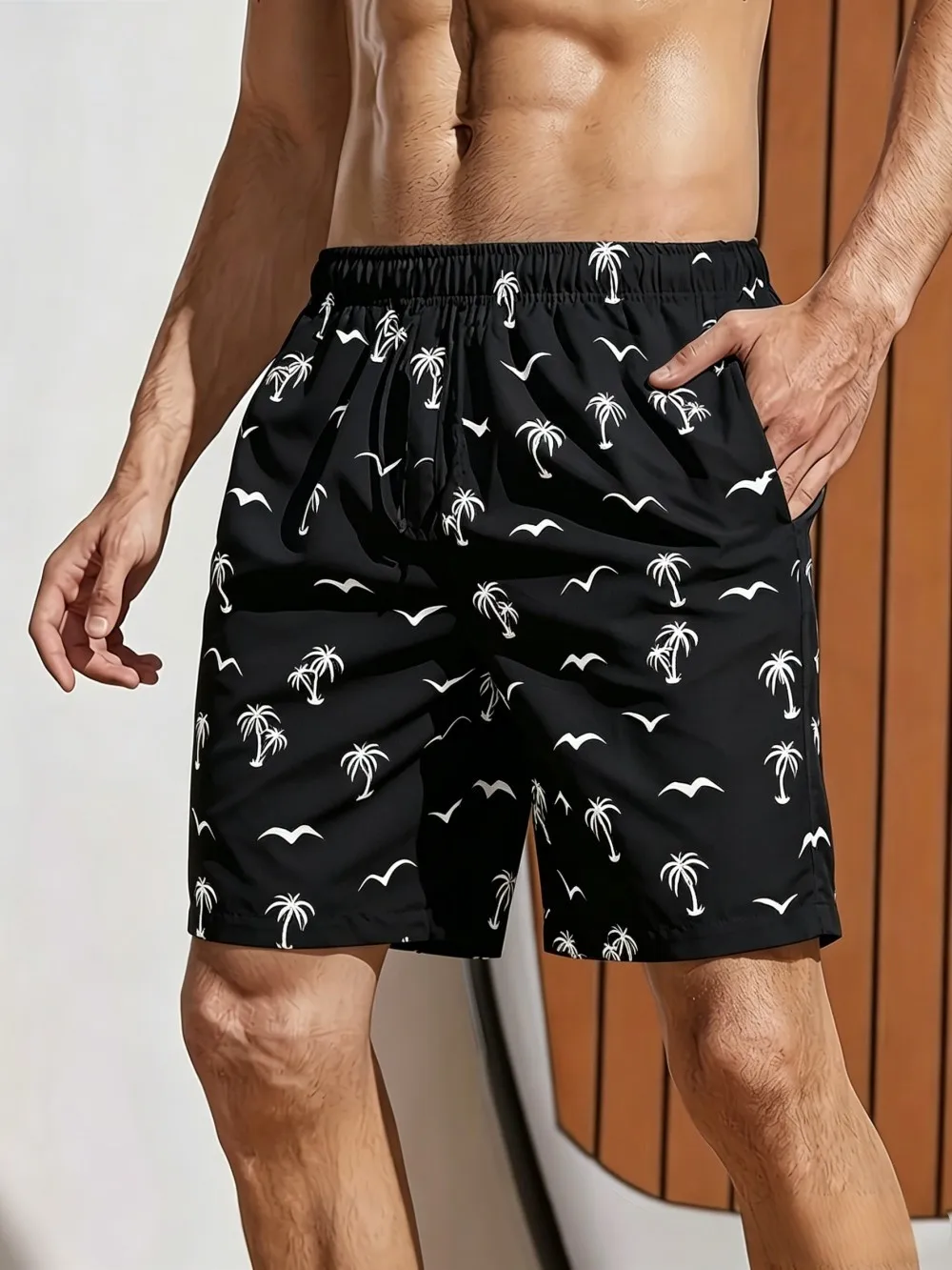 American style new men's summer seagull coconut tree print micro elastic breathable drawstring shorts outdoor casual pants