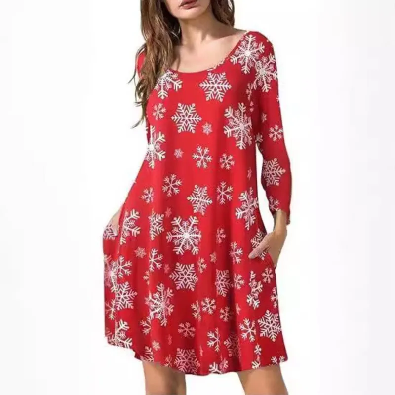 Women's Midi Dress Halloween Christmas Holiday Color Casual Printed T-shirt Dress Women Autumn Long Sleeved 2024 New Product