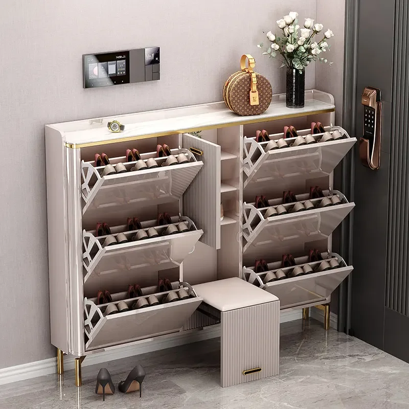 Modern And Simple Entry Cabinet Light Luxury And Ultra-thin Flip Bucket Shoe Cabinet With Shoe Stool Storage Cabinet