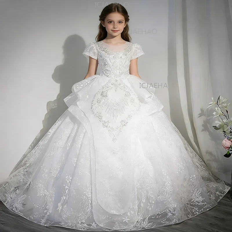 

Children Clothes Girl 2026 Kids Princess Clothes Flower Wedding White Children Host Performance Wear Trailing Skirt Costume