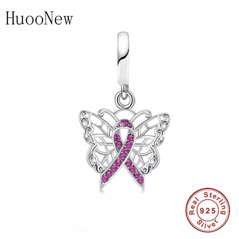 Fit Original Pan Charms Bracelet 925 Sterling Silver Butterfly Pink Ribbon Breast Cancer Awareness Bead For Making Berloque 2022