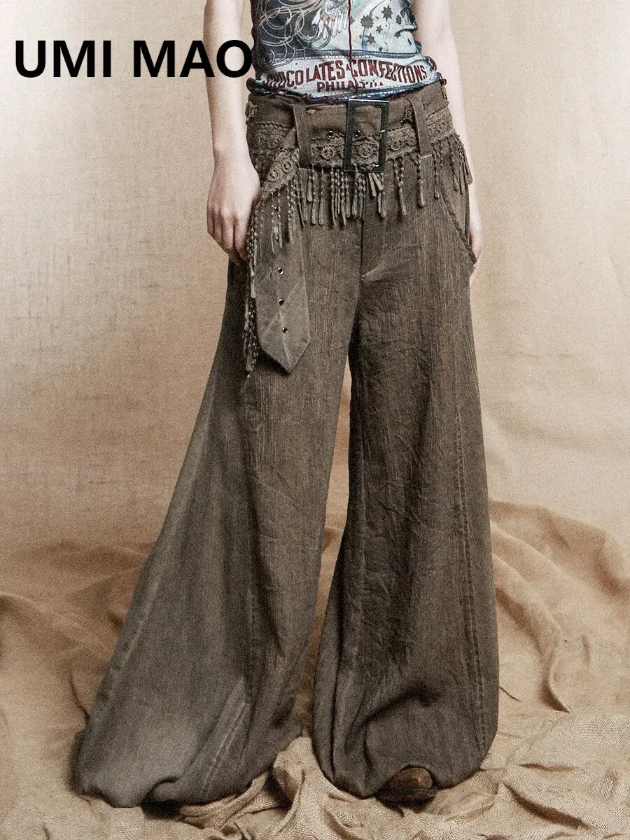 

UMI MAO Homemade Vintage Trousers Trash Style Lace Tassel Waist Belt Loose Hemp Wide Leg Lantern Pants Summer Femme