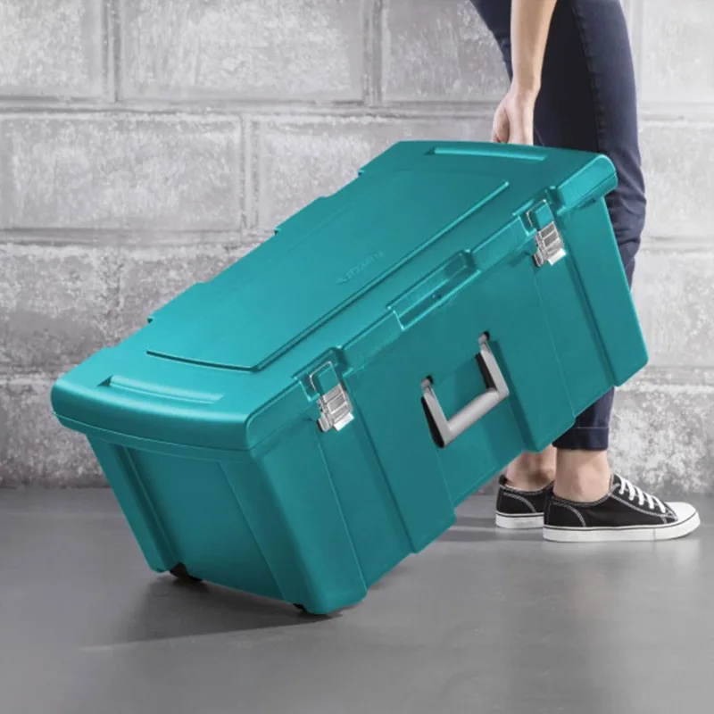 2 Pack Wheeled Footlocker, Lockable Plastic Utility Storage Container, Teal