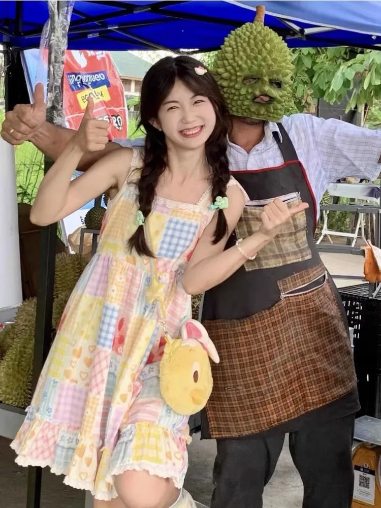 ญี่ปุ่นหวานดอกไม้ชุดกระโปรงผู้หญิงฤดูร้อน Preppy สไตล์เอว A-Line Ruffled ชุดเดรสแขนกุดชายหาด Vestidos