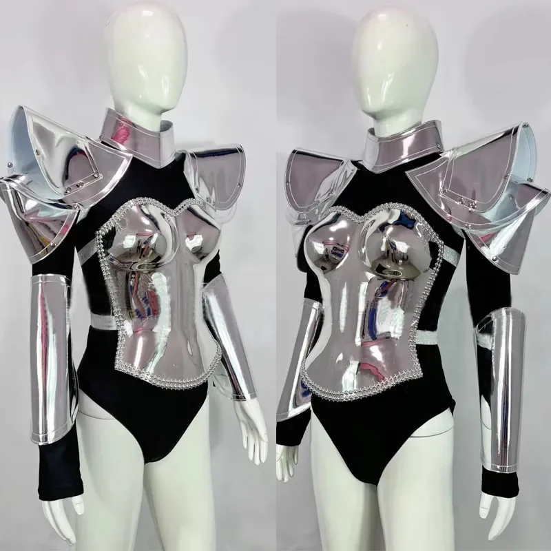 Nightclub DJ Gogo Costume Punk Style Silver Laser Bodysuit Women Pole Dance Clothes Rave Outfit Stage Performance Wear