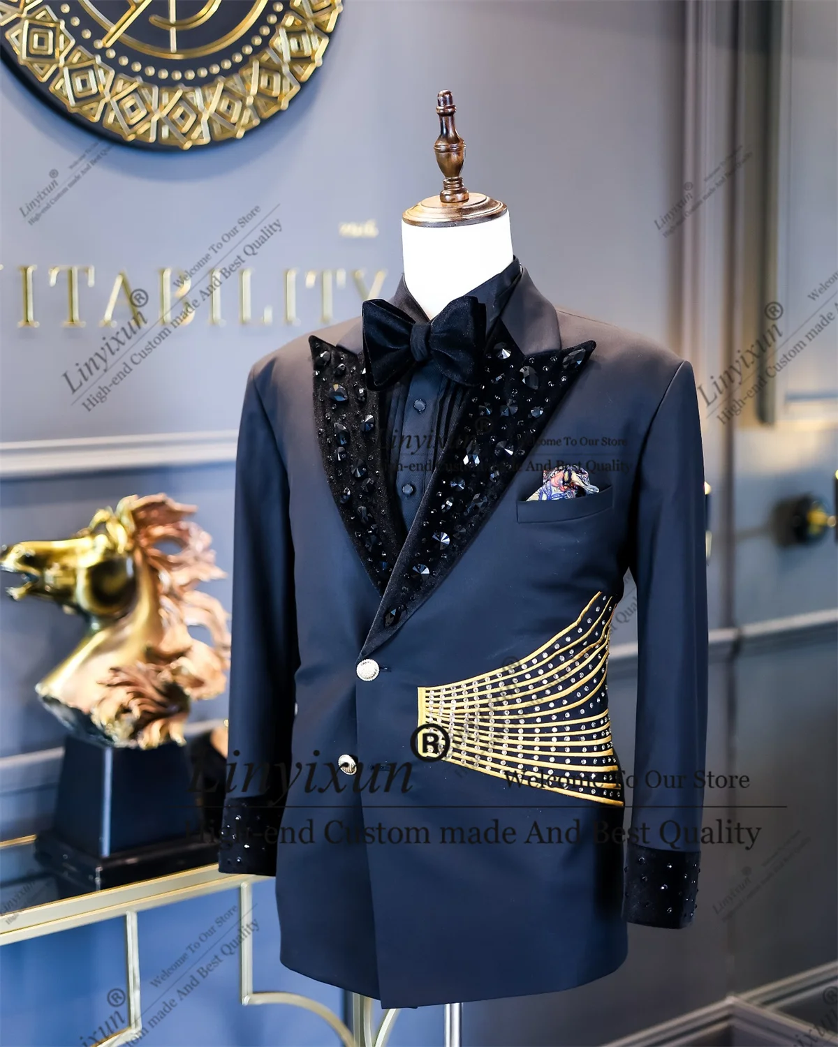 Design Version Beaded Crystals Men Suits Groom Tuxedos 2 Pieces Sets Customized Costume Homme Party Wedding Prom Blazers