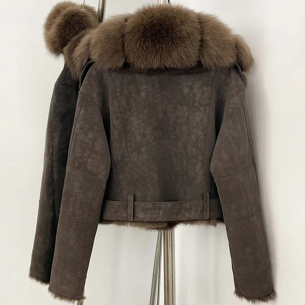OFTBUY Luxus-Gürtel Natürlicher Kaninchenfellmantel Damen Kurze Wildlederjacke mit Echtfuchs-Fellkragen Neue Herbst-Warmbekleidung für Frauen – Detail 9