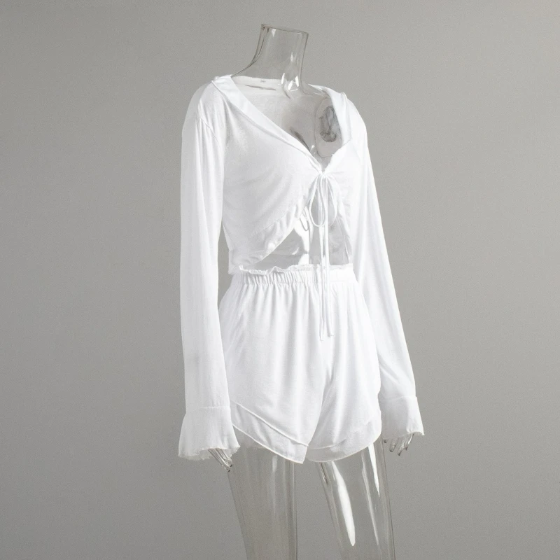 Lace-up Long-sleeved Shorts Pajama Set European and American Summer New Cardigan Loungewear Women's Comfortable Breathable