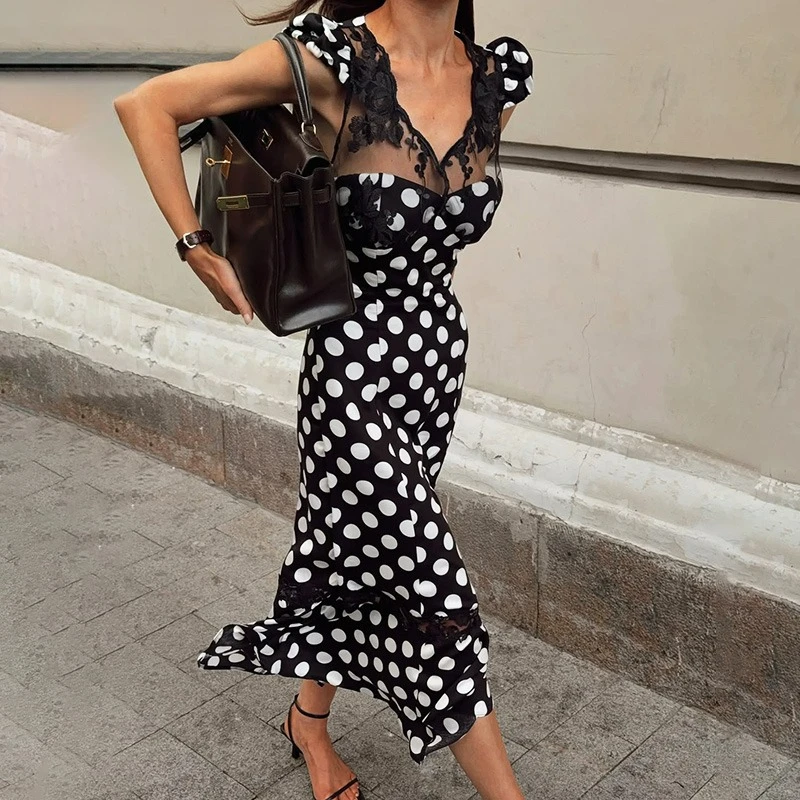 

Talenza Elegant Black Maxi Dress Fashion Lace Patchwork Sleeveless Contrast Printed Dresses Luxury Party Looks Women's Dresses