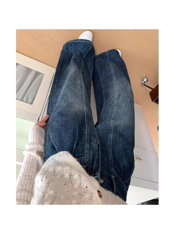 

High Waist Wide Leg American Retro Knife Jeans Women Spring Autumn Loose Straight Floor Length Pants plus Size