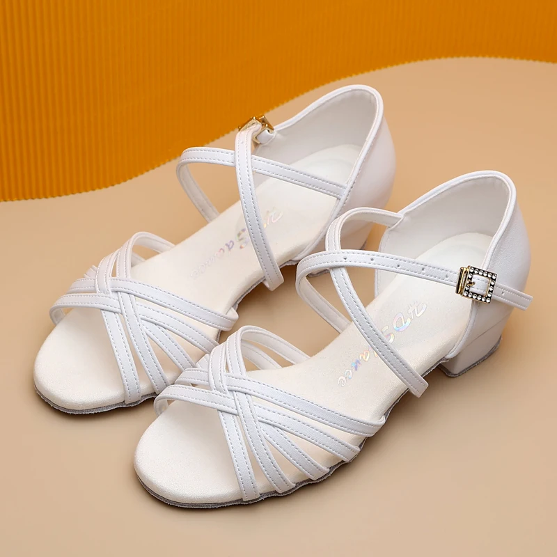 

Children's white professional latin shoes women's soft mid-high heels dance shoes beginner summer dance practice shoes