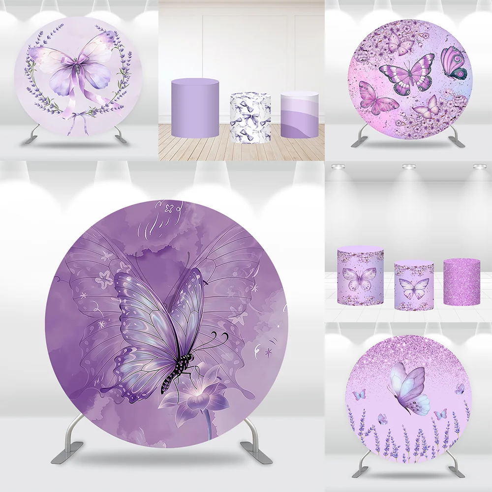 Purple Butterfly Round Circle Background Flowers Girl Birthday Party Decors Newborn Baby Shower Background Cylinder Covers