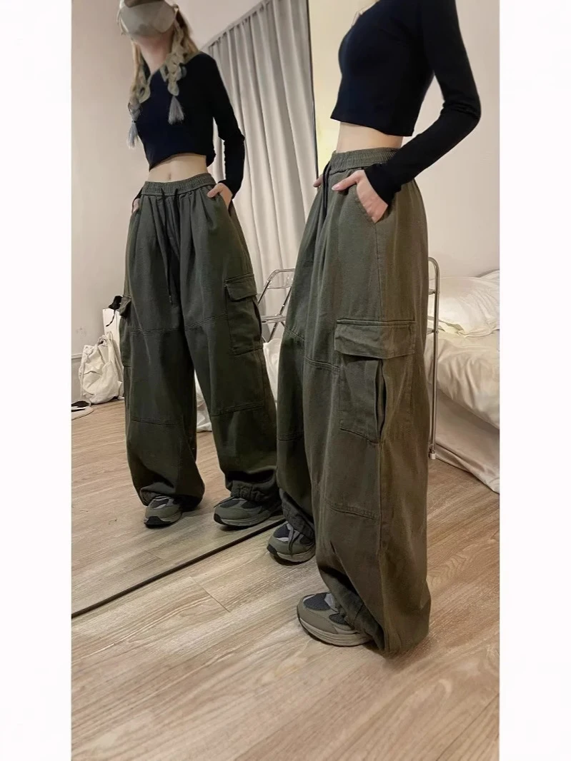 السراويل البضائع النسائية البحرية الخريف النايلون Bootcut الشارع الشهير ترهل المرقعة غسلها منفعل متعددة جيوب الحضرية العصرية اليومية شيك Y2k