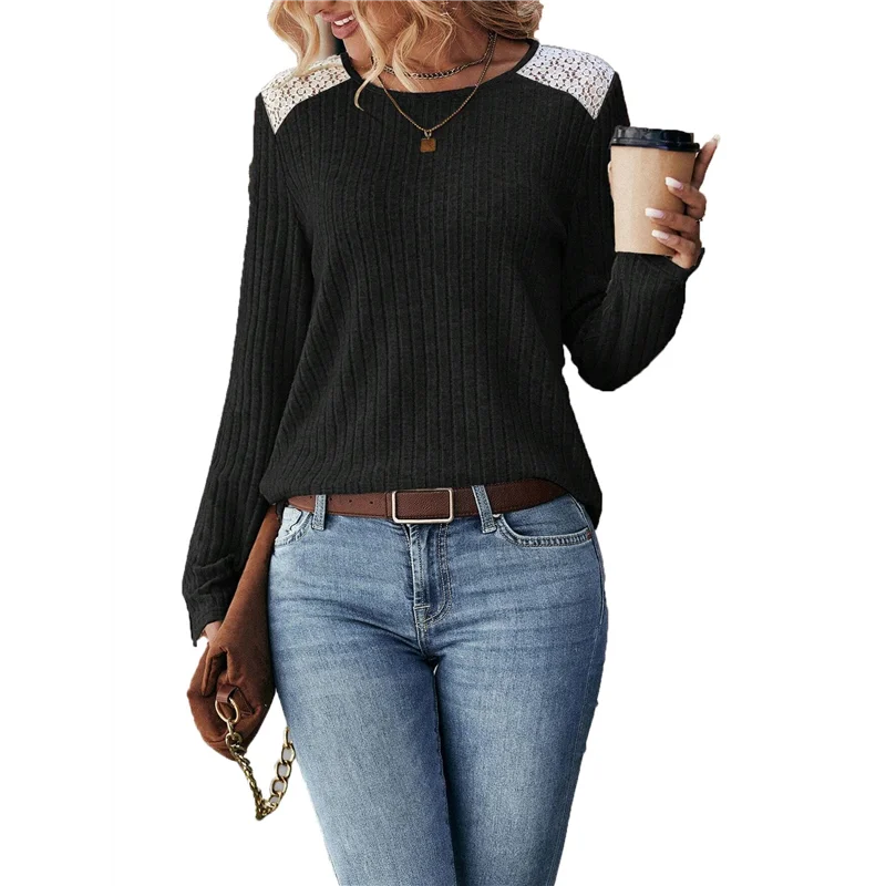 

CGS-Womens Casual Crew Neck Shirt Lace Patchwork Blouses Pullover Sweaters Solid Color Long Sleeve Tunic Tops
