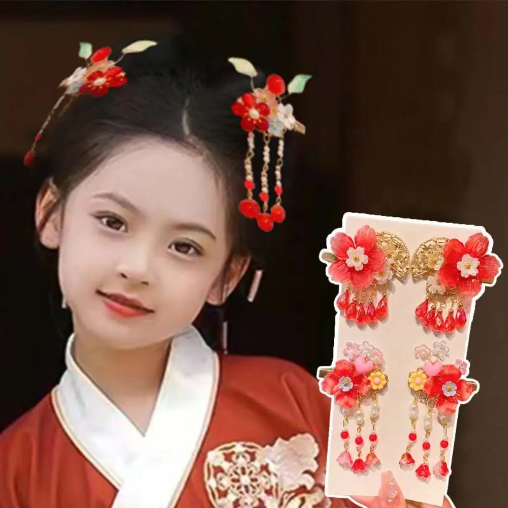 

1Pair Pearl Hanfu Hair Clip New Year Red Color Flower Duckbill Clip Hair Side Clip Barrettes Tassel Hairpin Female/Children