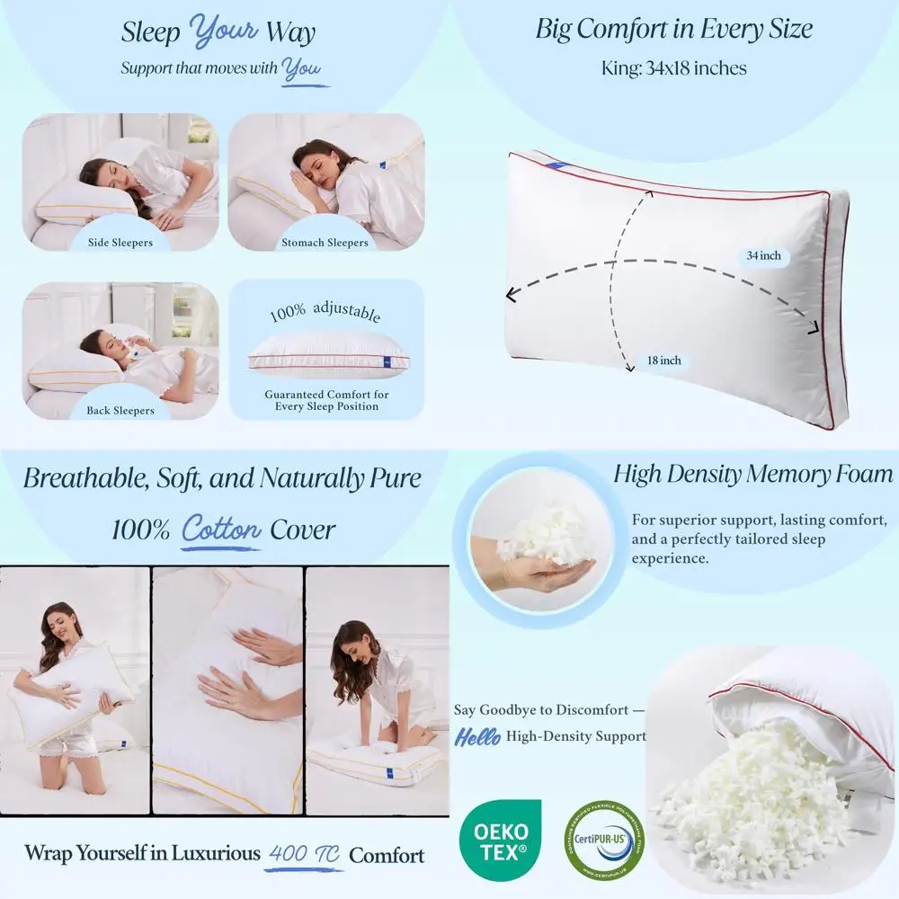 

King Size Memory Foam Pillows - Set of 2, 34x18, 400 TC Organic Cotton, Plush Down-Alternative Padding, Ideal for All Sleep Posi