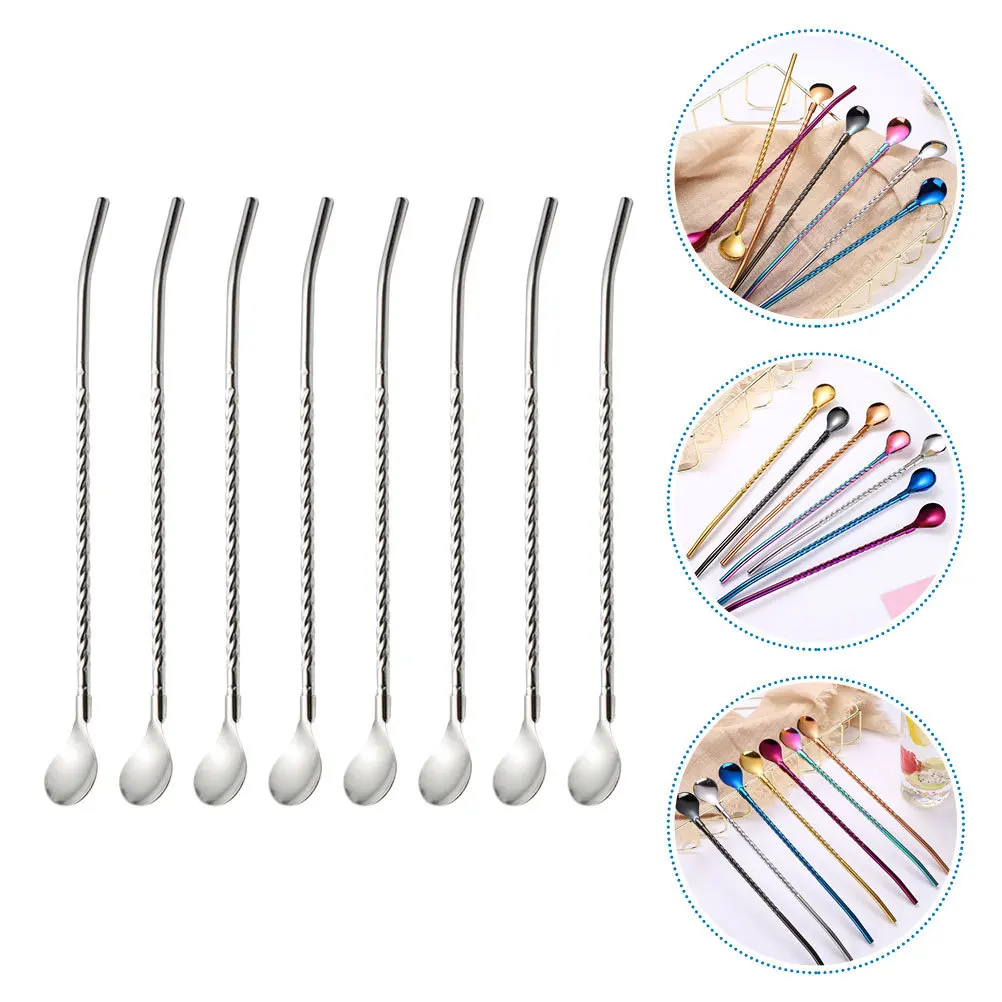 

8Pcs Stainless Steel Straw Spoons Multipurpose Stirring Spoons for Cocktail Ice Cream Dessert Sugar Kitchen Bar Tools