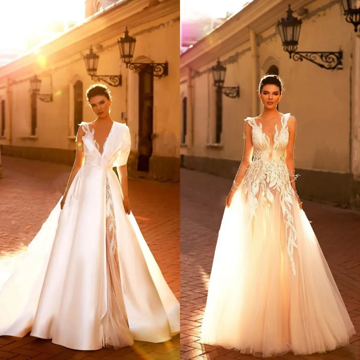 

Customized Elegant A-Line V-Neck Sleeveless Two-Piece Wedding Dress With V-Neck Chiffon Tape And Floral Backless Bridal Gown